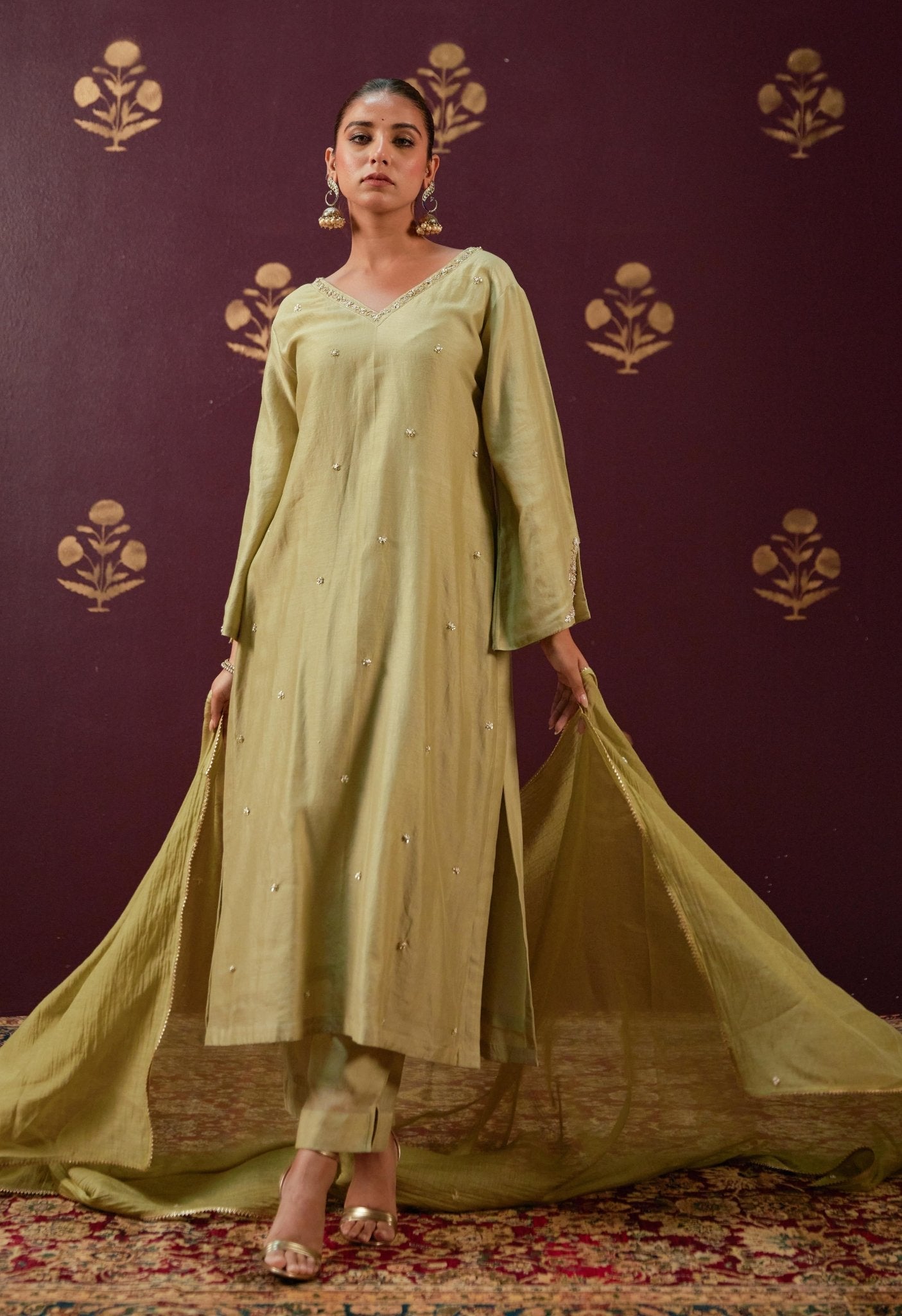 Graceful Olive: Chanderi Kurta with Detailed Embroidery and Coordinated Mulmul Dupatta - Tara - C - Tara