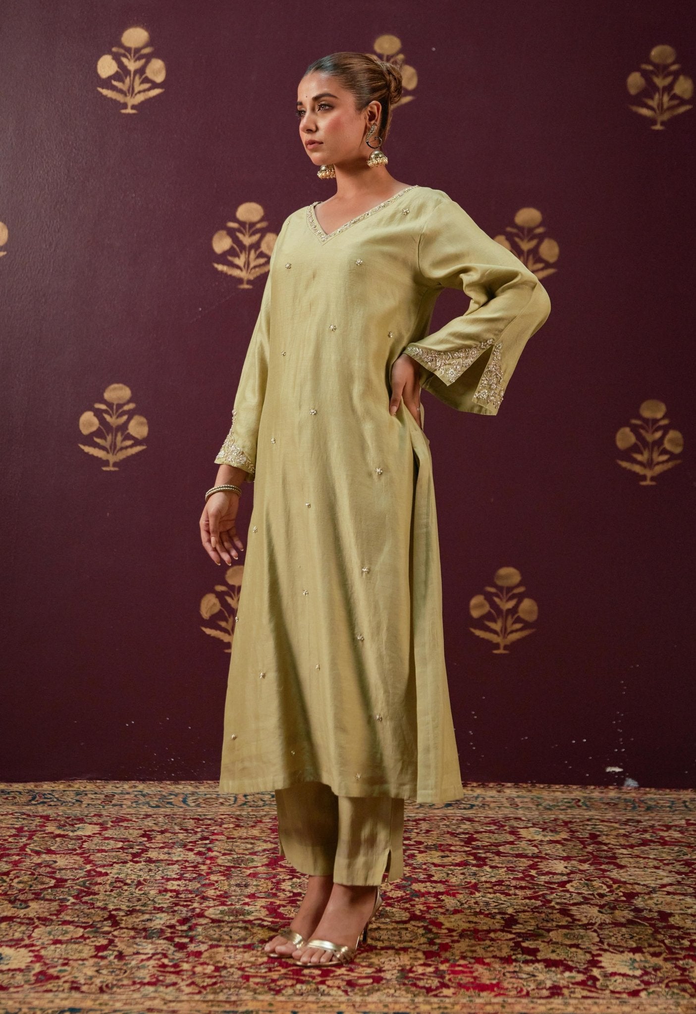 Graceful Olive: Chanderi Kurta with Detailed Embroidery and Coordinated Mulmul Dupatta - Tara - C - Tara