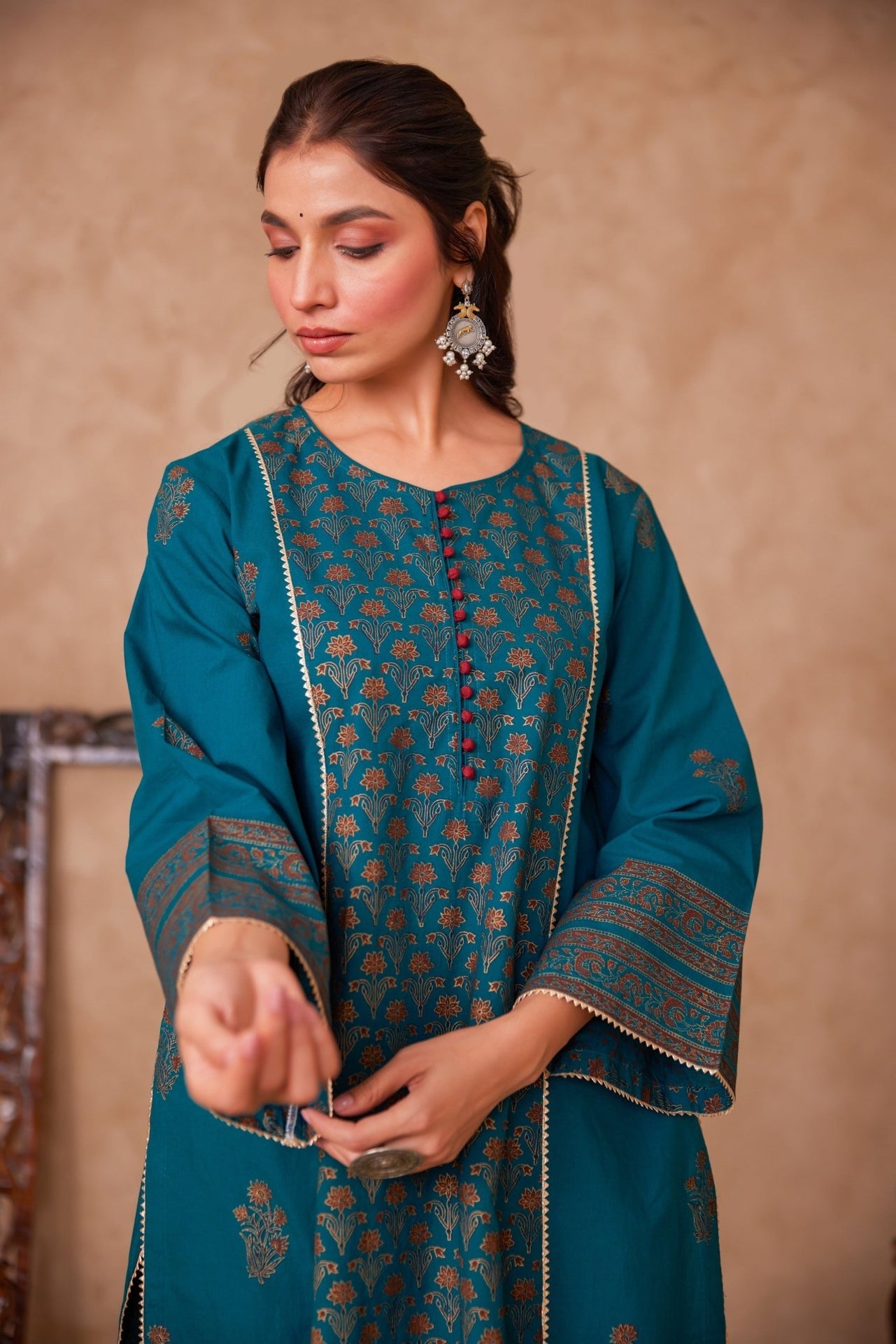Green Cotton Hand Block Gold Printed Coord Set - Tara - C - Tara