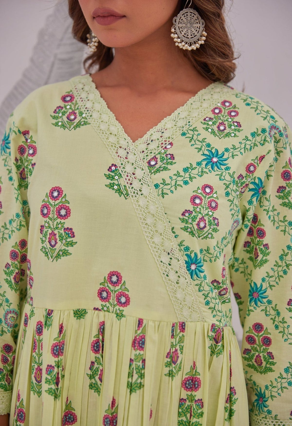 Green Floral Butta Printed Anarkali Suit Set - Tara - C - Tara