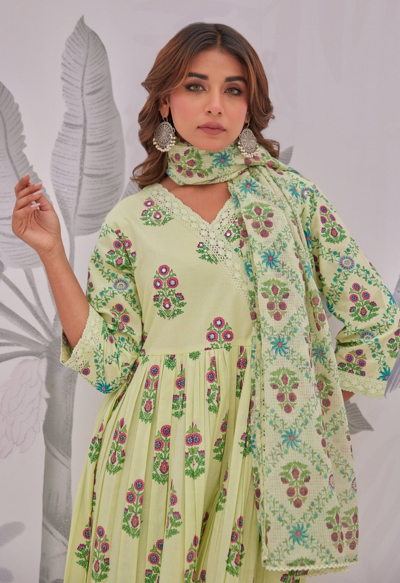 Green Floral Butta Printed Anarkali Suit Set - Tara - C - Tara