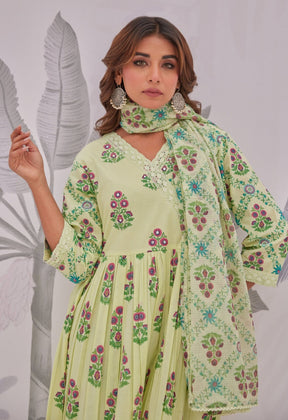 Green Floral Butta Printed Anarkali Suit Set - Tara - C - Tara