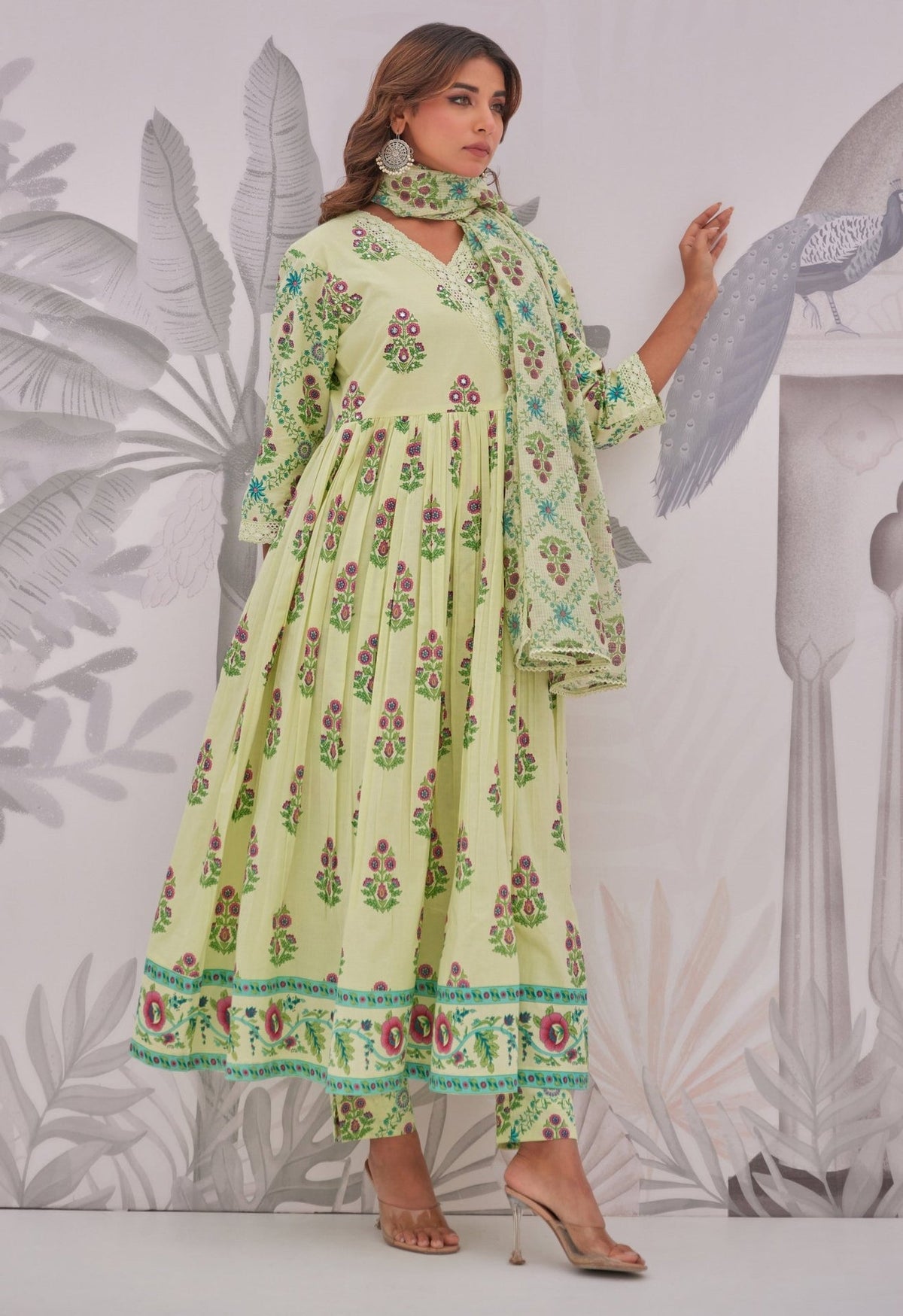 Green Floral Butta Printed Anarkali Suit Set - Tara - C - Tara