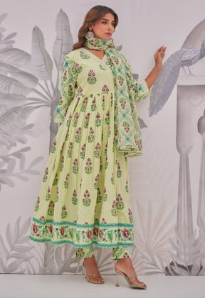 Green Floral Butta Printed Anarkali Suit Set - Tara - C - Tara