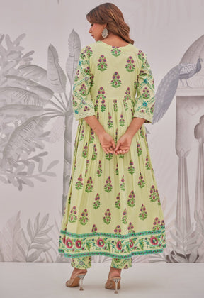 Green Floral Butta Printed Anarkali Suit Set - Tara - C - Tara