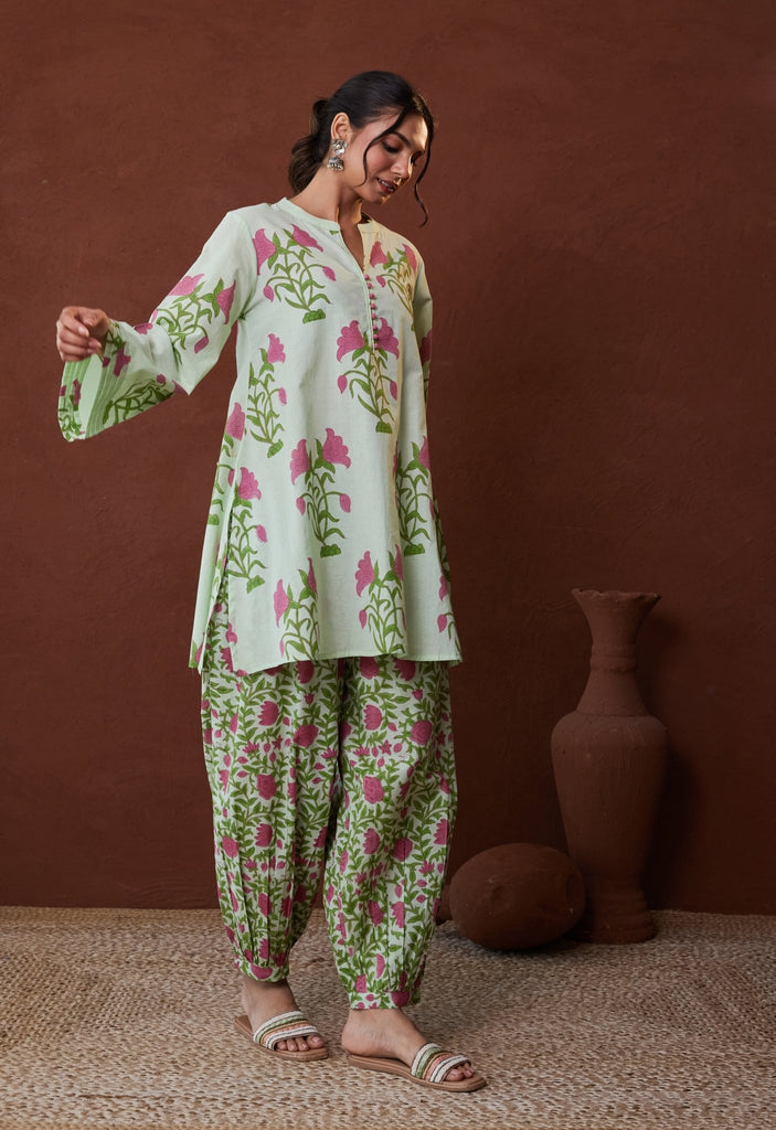 Green Floral Hand Block Printed Coord Set - Tara-C-Tara