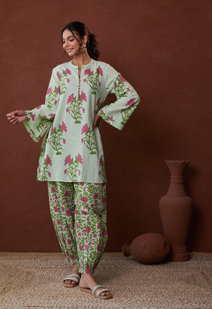 Green Floral Hand Block Printed Coord Set - Tara-C-Tara