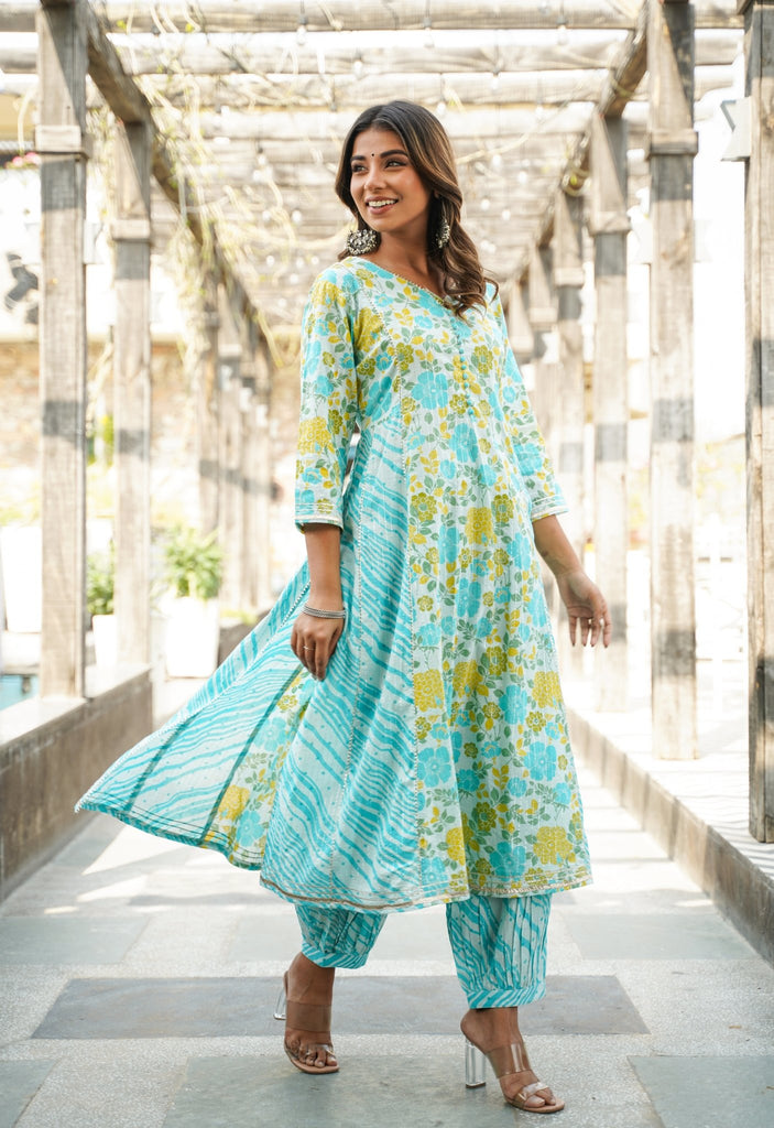 Green Floral Printed kurti with Afghani Pants and Doriya Dupatta (3pc Set) - Tara-C-Tara