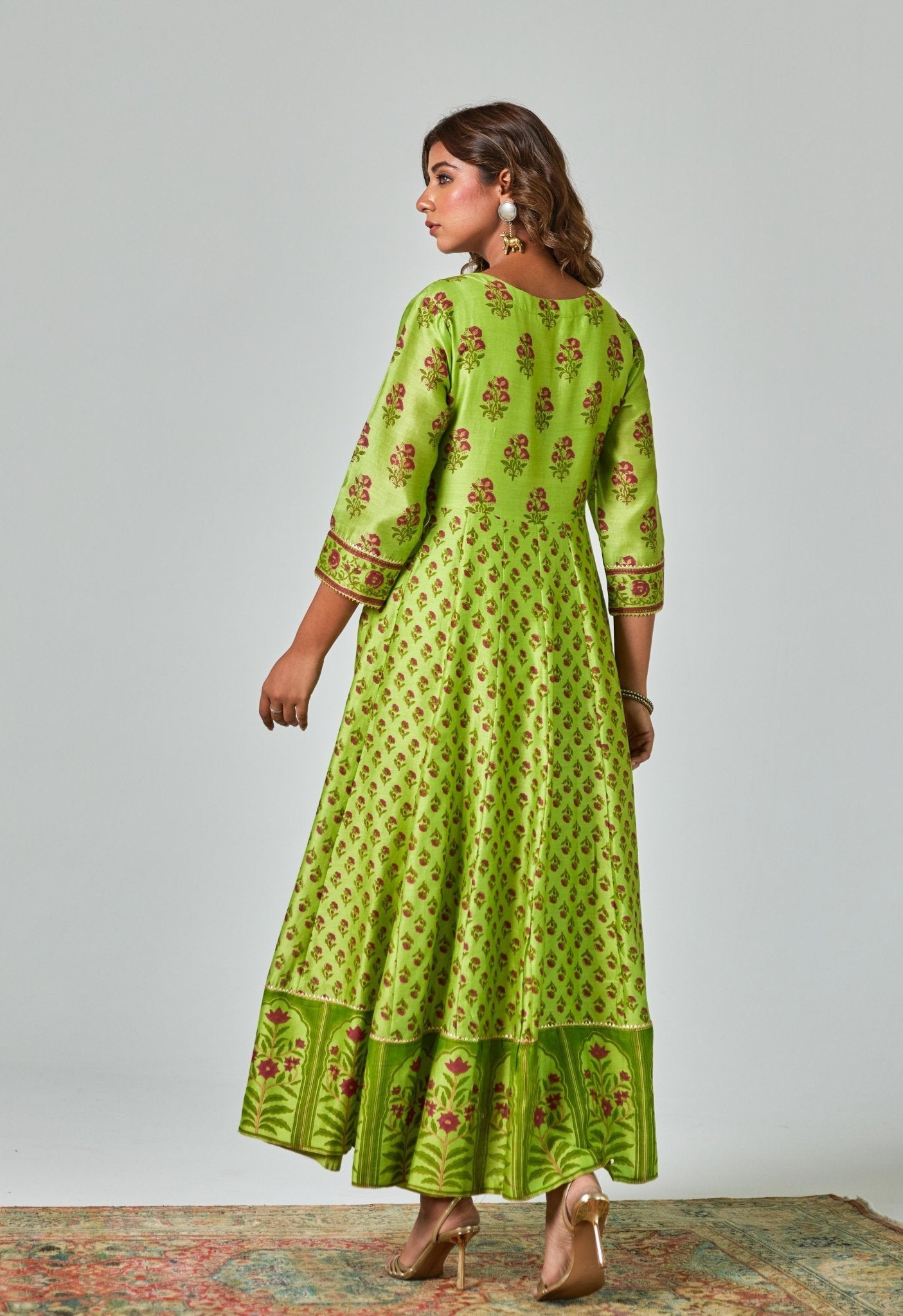 Green Handblock Printed Chanderi Anarkali Set - Tara - C - Tara