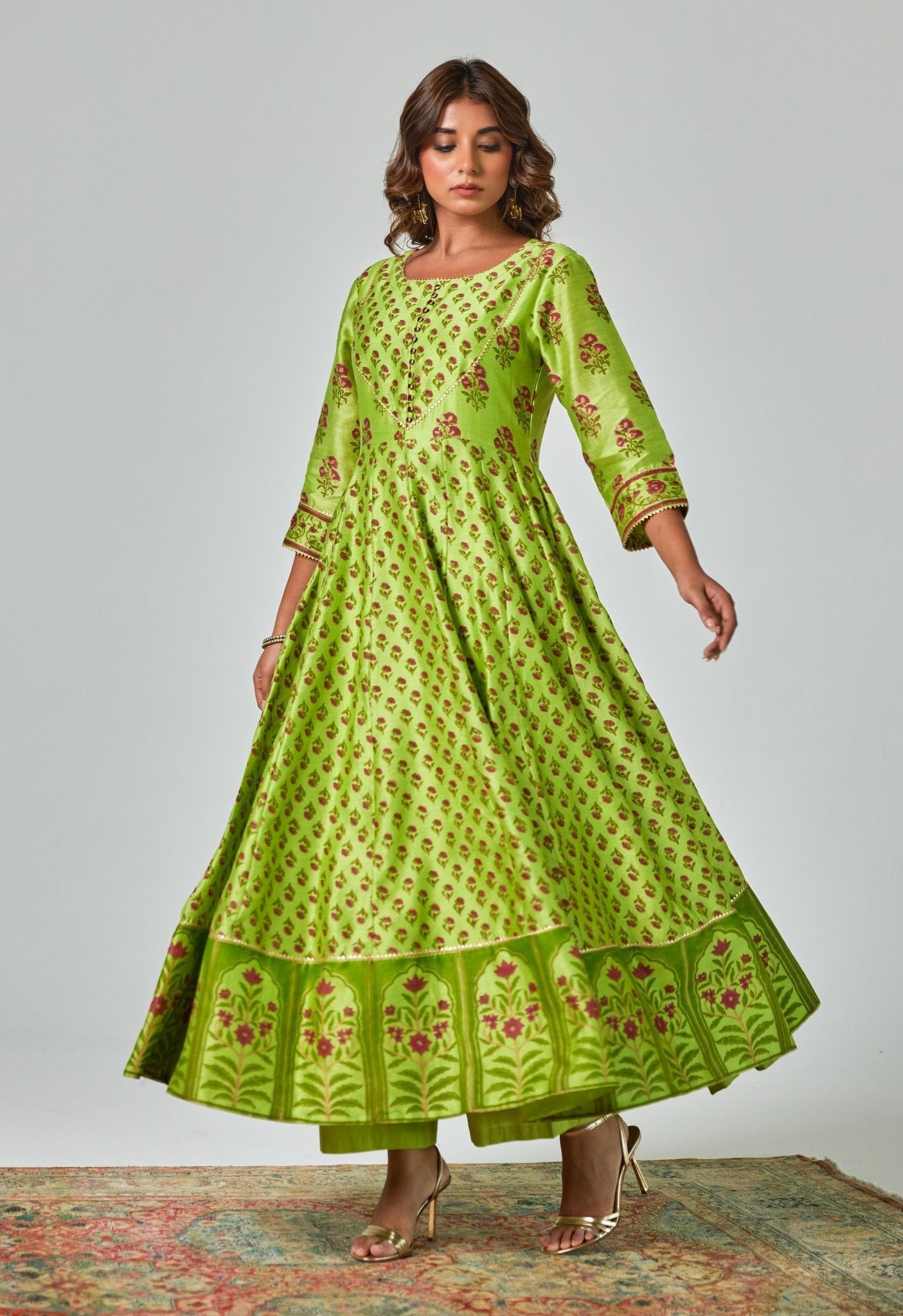 Green Handblock Printed Chanderi Anarkali Set - Tara - C - Tara