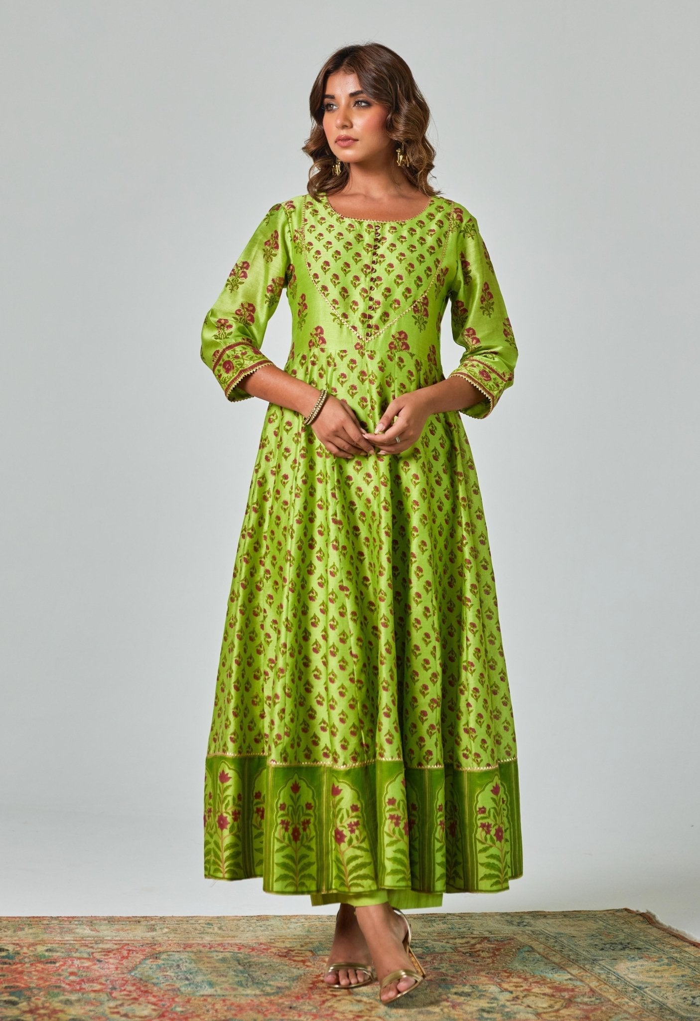 Green Handblock Printed Chanderi Anarkali Set - Tara - C - Tara