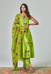 Green Handblock Printed Chanderi Suit Set - Tara - C - Tara