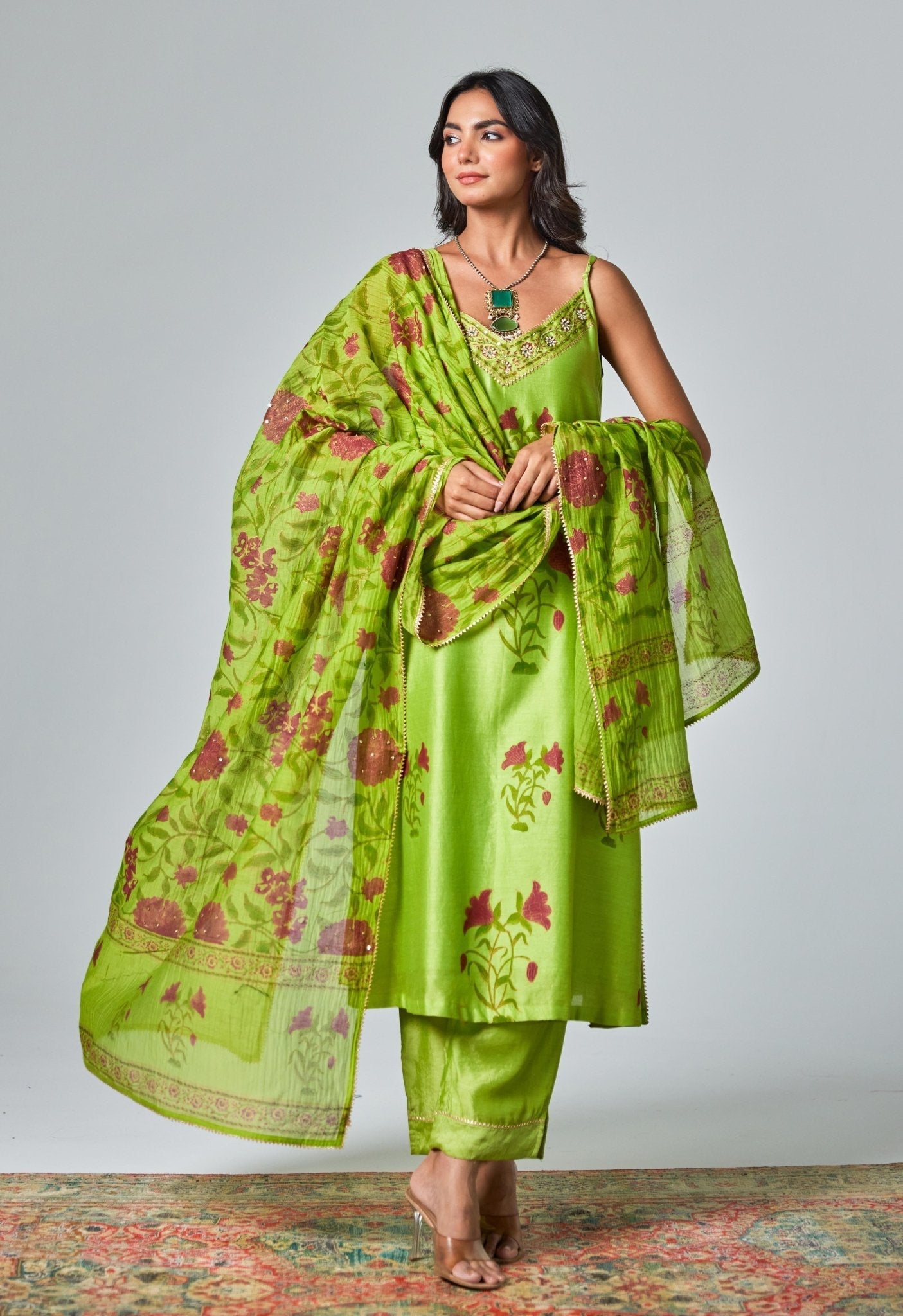 Green Handblock Printed Chanderi Suit Set - Tara - C - Tara