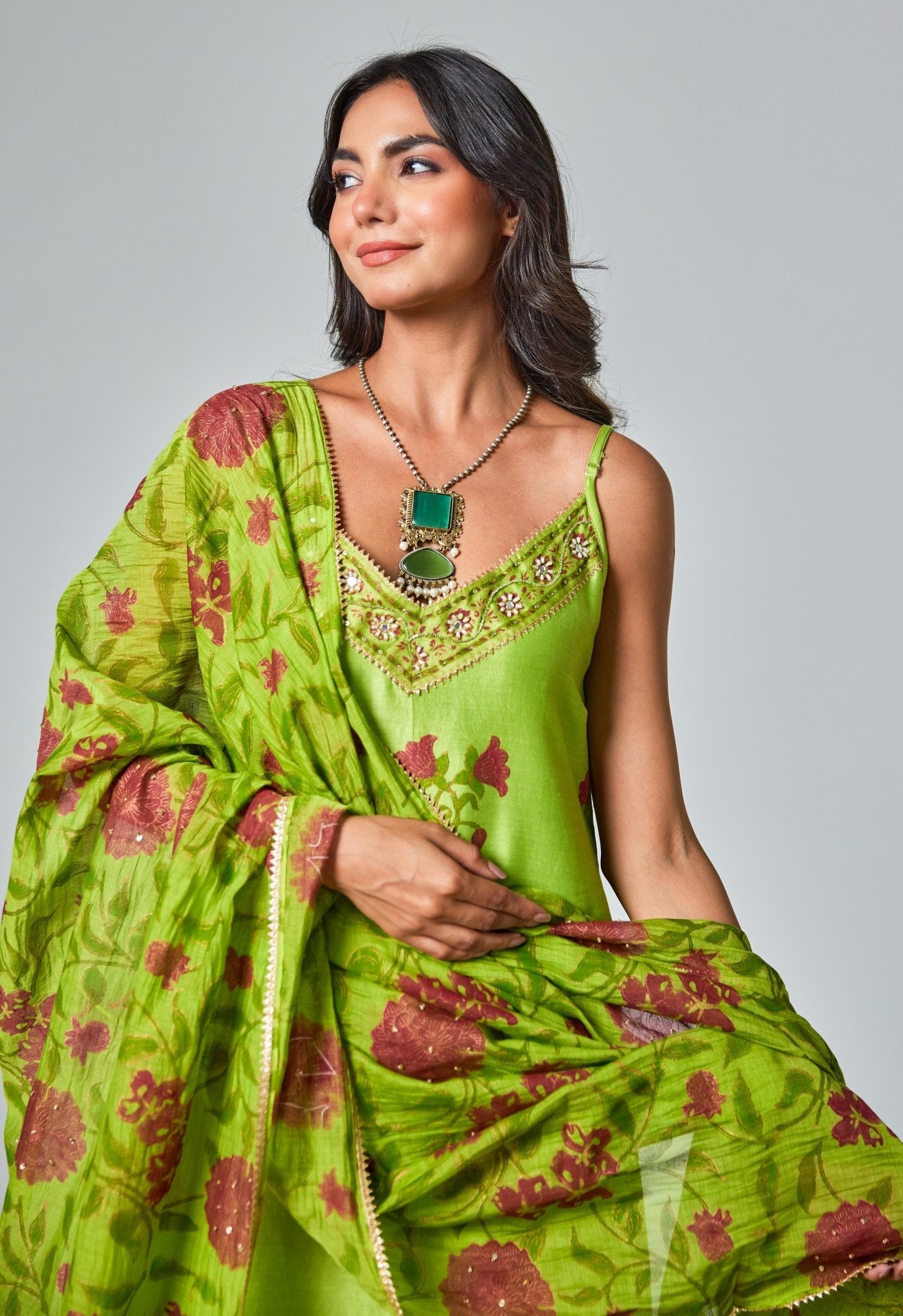 Green Handblock Printed Chanderi Suit Set - Tara - C - Tara