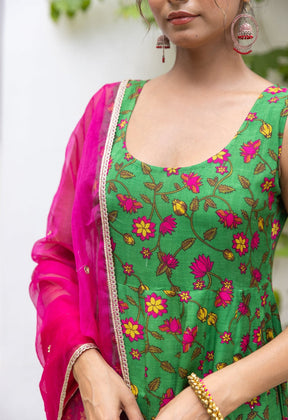 Green Pink Floral Printed kurta palazzo set with embroidered organza Dupatta - Tara-C-Tara