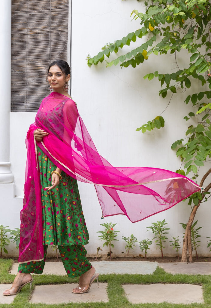 Green Pink Floral Printed kurta palazzo set with embroidered organza Dupatta - Tara-C-Tara