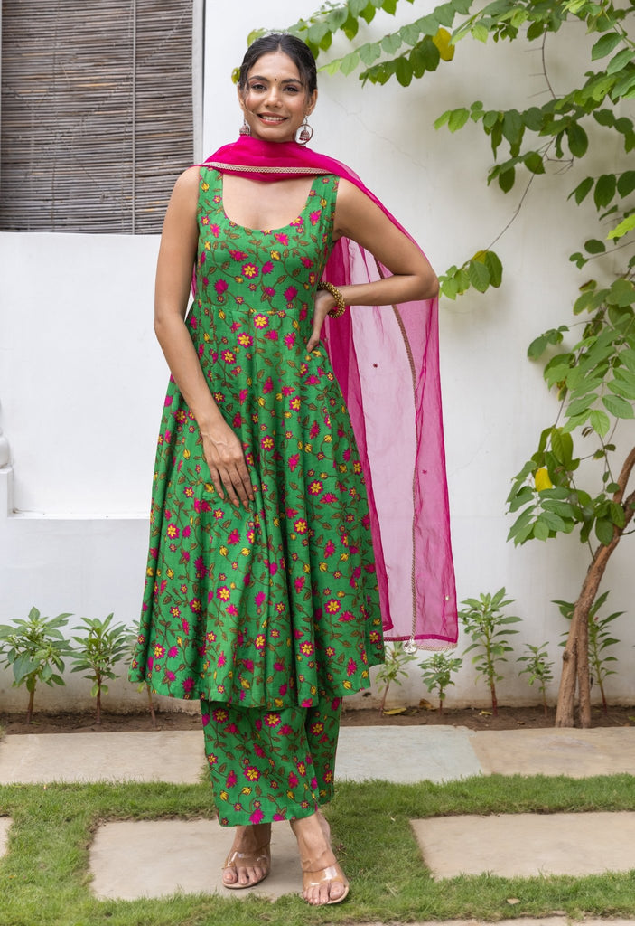 Green Pink Floral Printed kurta palazzo set with embroidered organza Dupatta - Tara-C-Tara