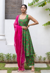 Green Pink Floral Printed kurta palazzo set with embroidered organza Dupatta - Tara-C-Tara