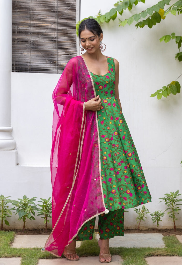 Green Pink Floral Printed kurta palazzo set with embroidered organza Dupatta - Tara-C-Tara