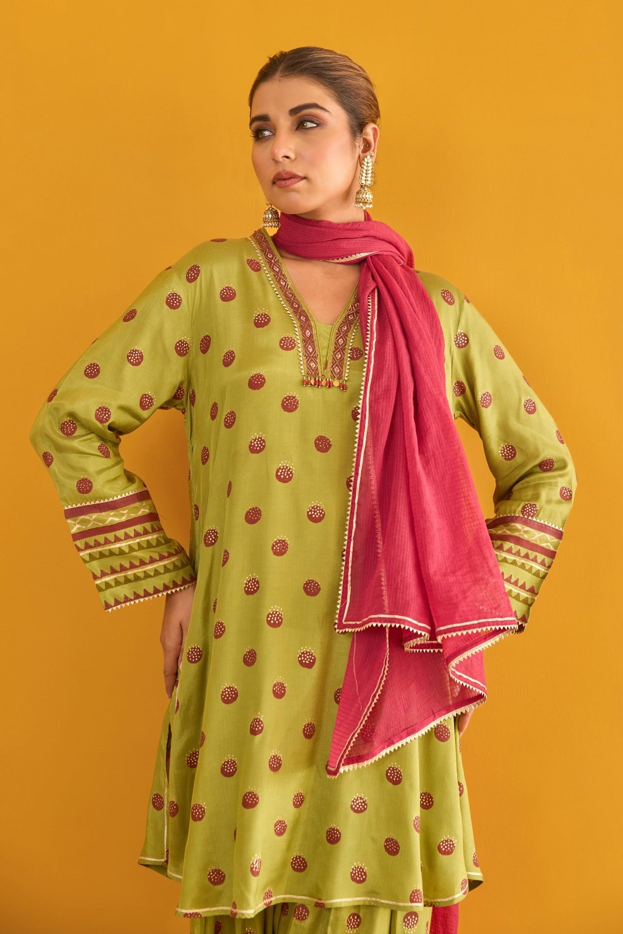 Green Polka Dot Farshi Salwar Suit Set With Dupatta - Tara - C - Tara