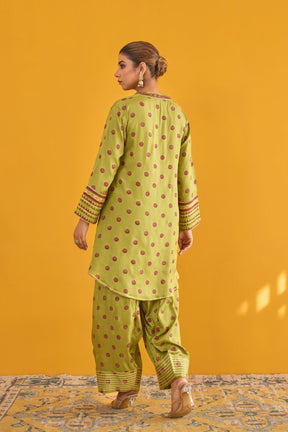 Green Polka Dot Farshi Salwar Suit Set With Dupatta - Tara - C - Tara