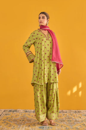 Green Polka Dot Farshi Salwar Suit Set With Dupatta - Tara - C - Tara