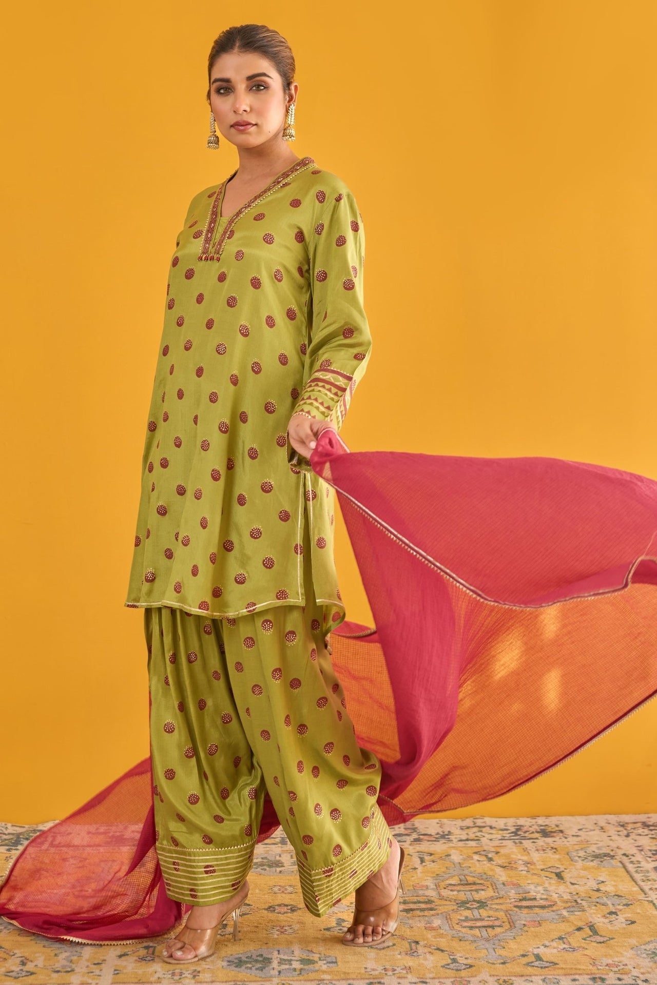 Green Polka Dot Farshi Salwar Suit Set With Dupatta - Tara - C - Tara