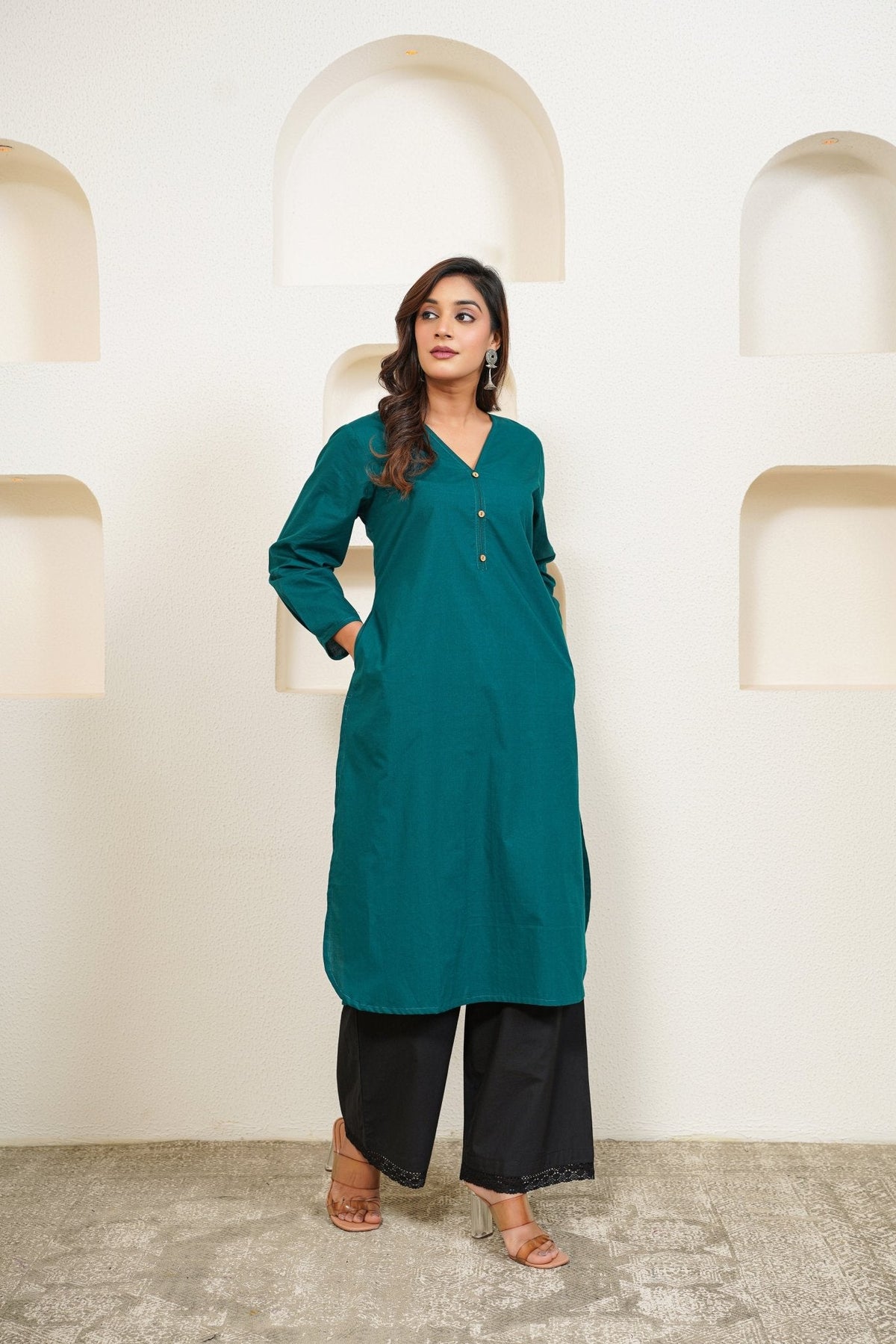 Green Premium Cotton Long Kurta - Tara - C - Tara