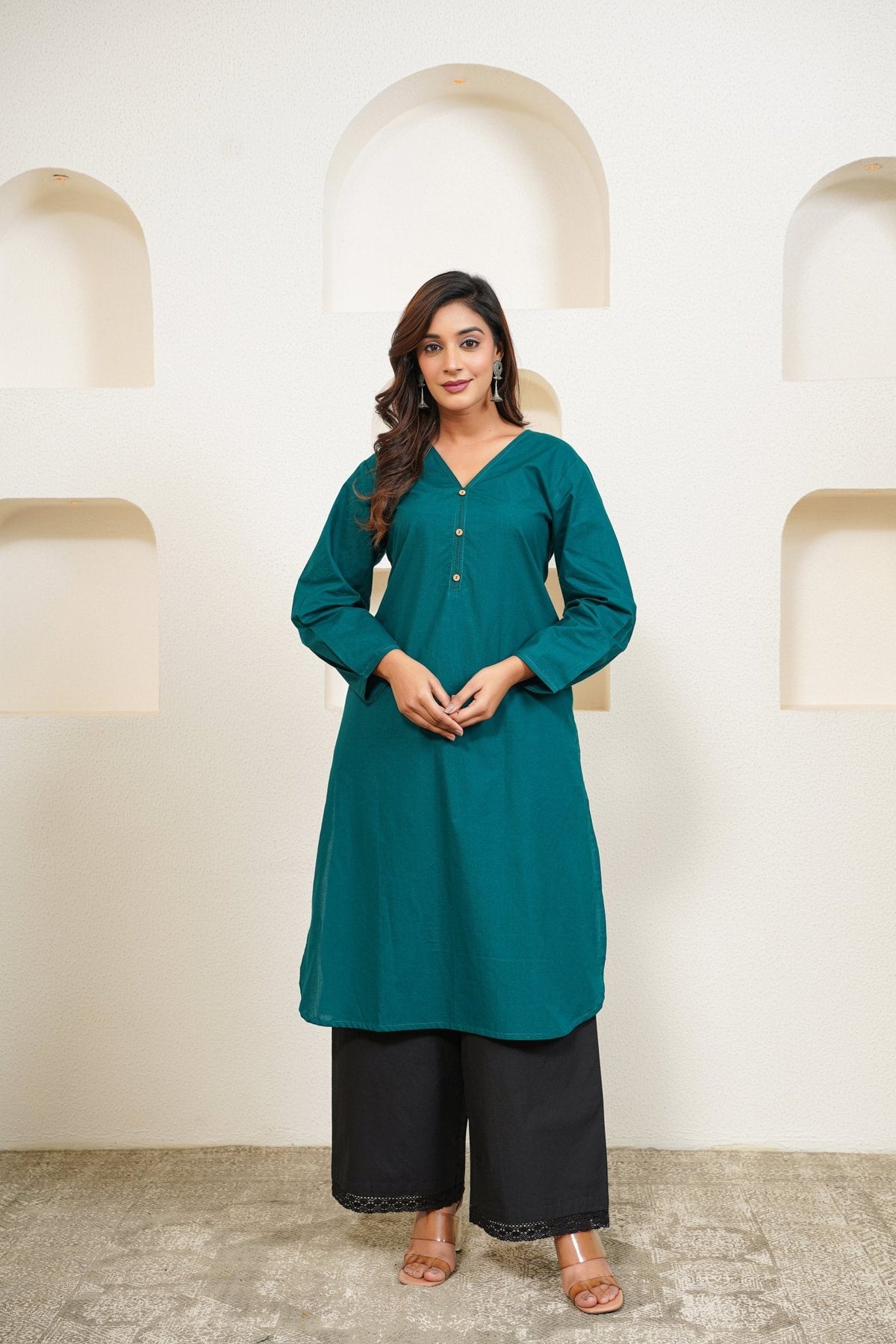 Green Premium Cotton Long Kurta - Tara - C - Tara