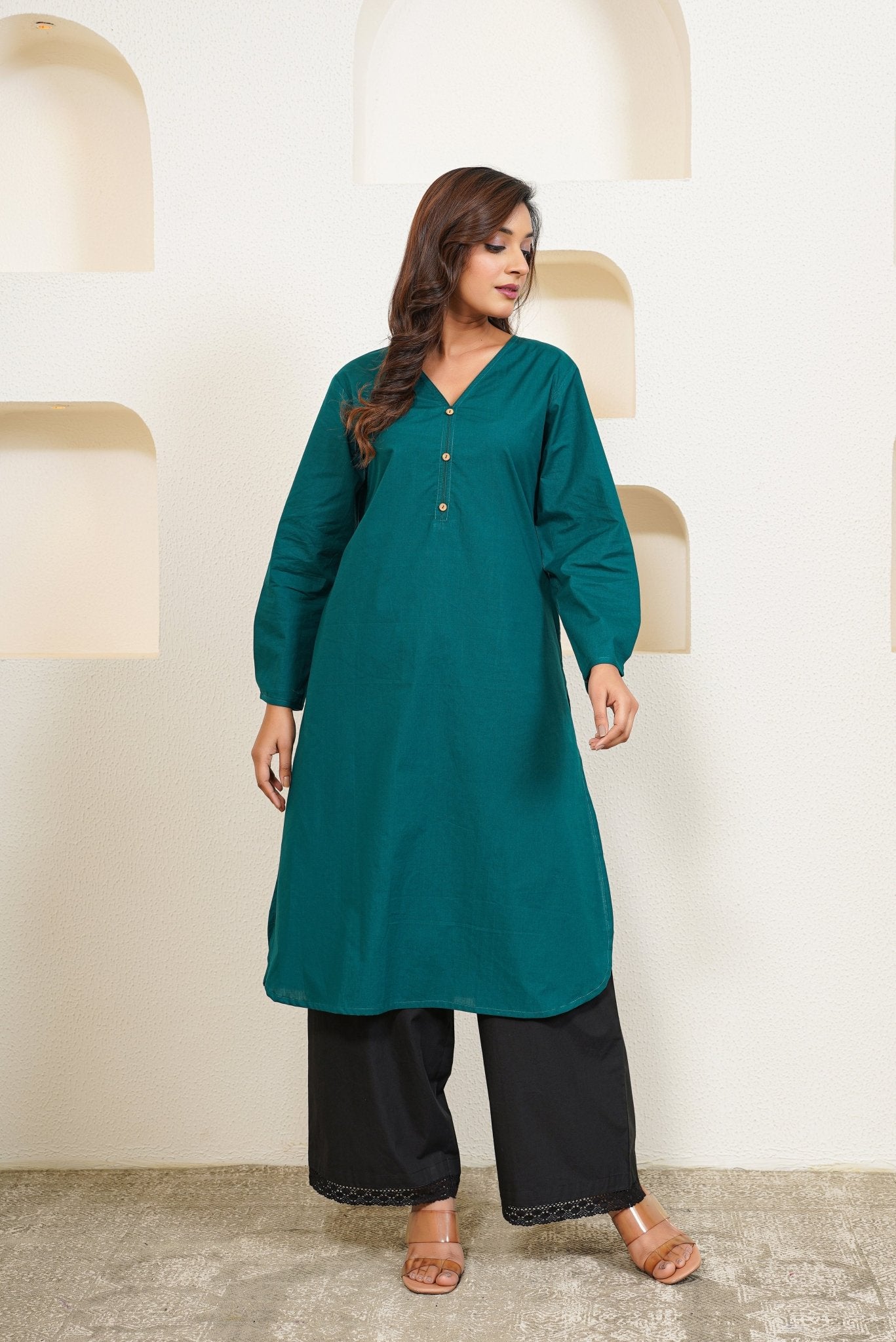 Green Premium Cotton Long Kurta - Tara - C - Tara