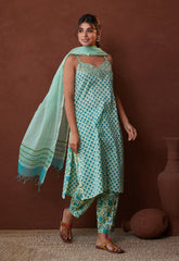 Green Strappy Suit set With printed Doriya dupatta - Tara-C-Tara