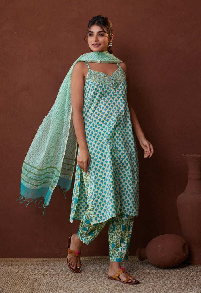 Green Strappy Suit set With printed Doriya dupatta - Tara-C-Tara