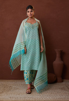 Green Strappy Suit set With printed Doriya dupatta - Tara-C-Tara