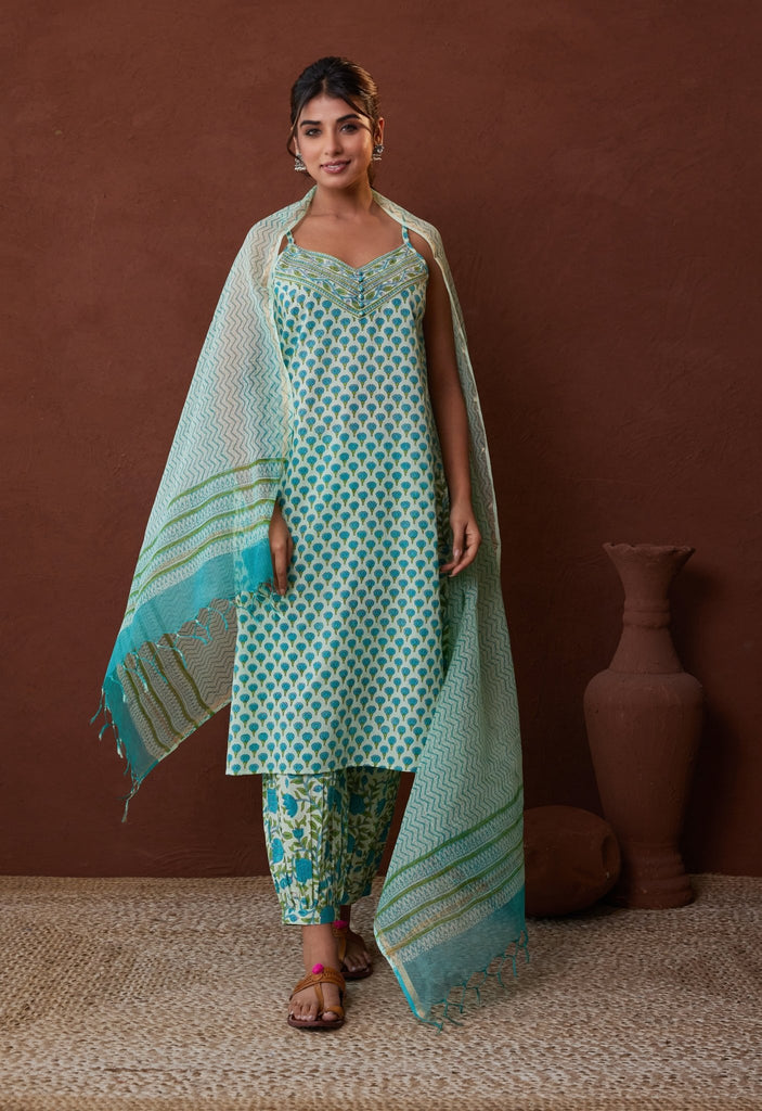 Green Strappy Suit set With printed Doriya dupatta - Tara-C-Tara