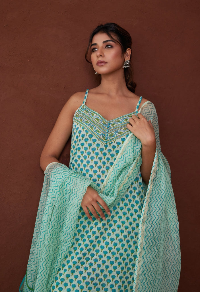 Green Strappy Suit set With printed Doriya dupatta - Tara-C-Tara