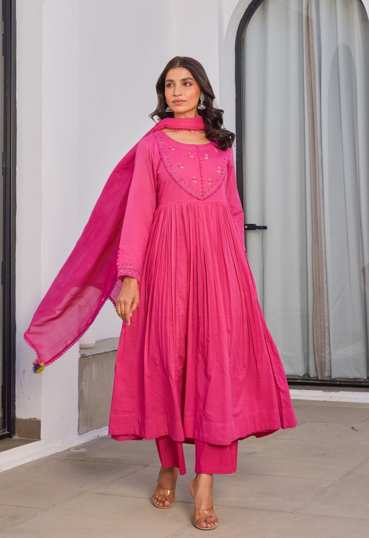 Hot Pink Cotton Mulmul Anarkali Kurta Set With Dupatta - Tara - C - Tara
