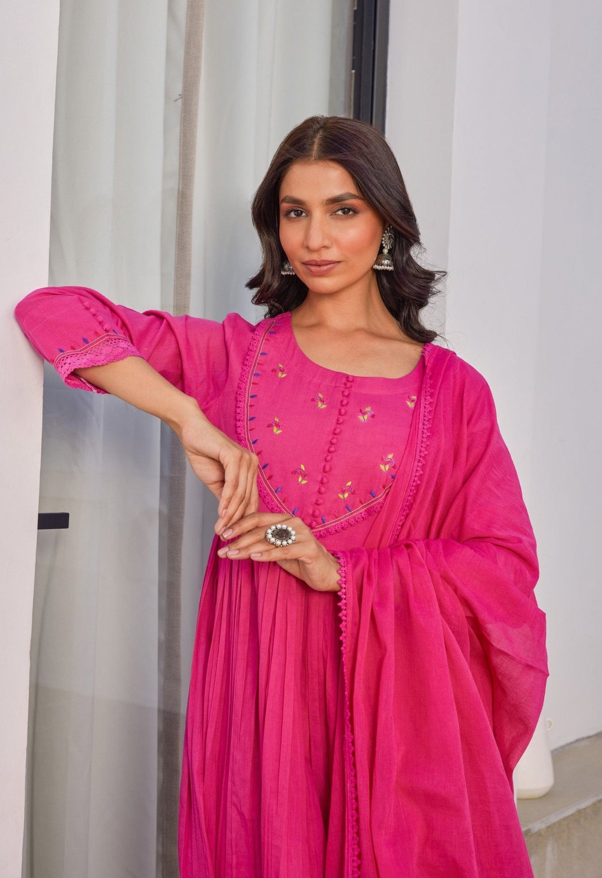 Hot Pink Cotton Mulmul Anarkali Kurta Set With Dupatta - Tara - C - Tara