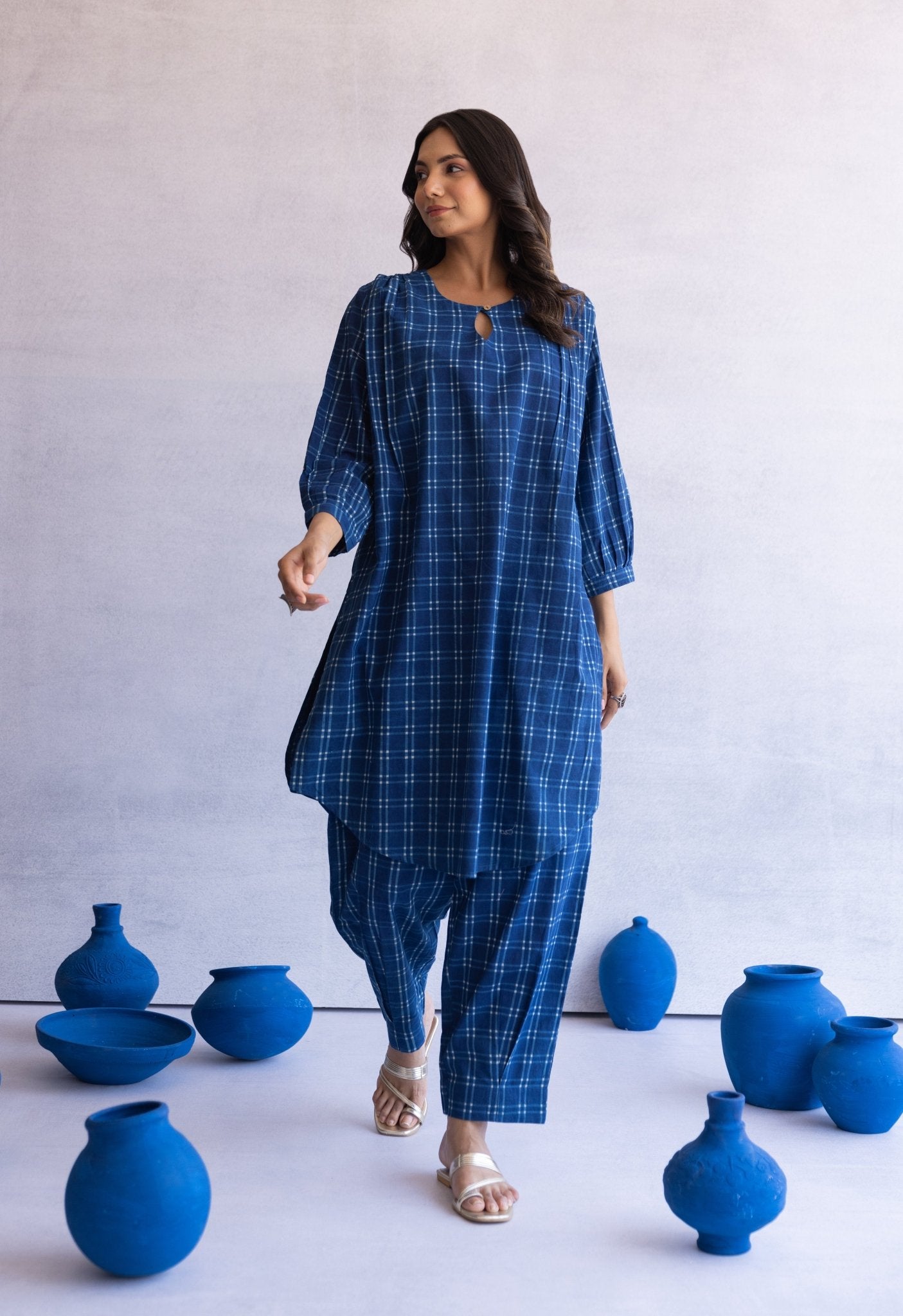 INDIGO BAGRU HAND BLOCK PRINTED CHECKS COORD SET - Tara - C - Tara