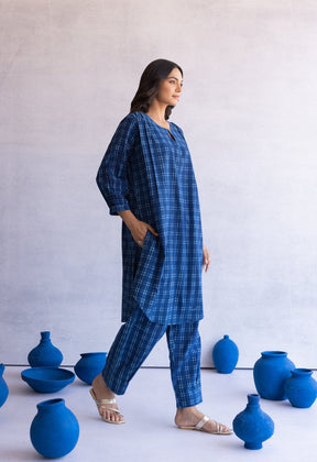 INDIGO BAGRU HAND BLOCK PRINTED CHECKS COORD SET - Tara - C - Tara