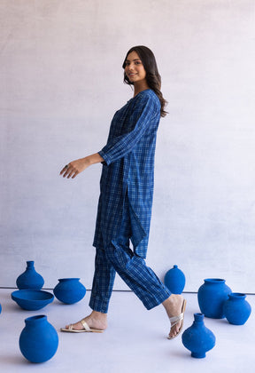 INDIGO BAGRU HAND BLOCK PRINTED CHECKS COORD SET - Tara - C - Tara