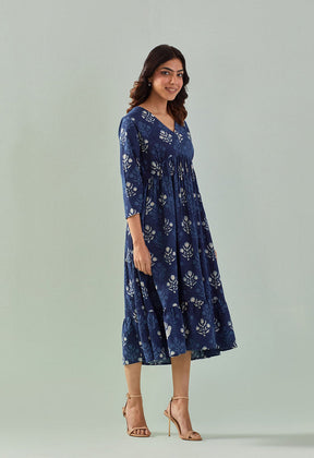 INDIGO HAND BLOCK PRINTED FLORAL DRESS - Tara - C - Tara