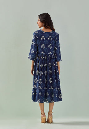 INDIGO HAND BLOCK PRINTED FLORAL DRESS - Tara - C - Tara