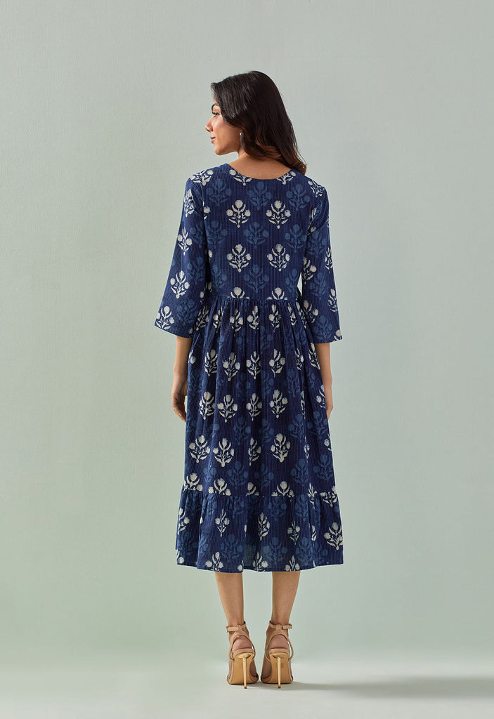 INDIGO HAND BLOCK PRINTED FLORAL DRESS - Tara - C - Tara