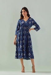 INDIGO HAND BLOCK PRINTED FLORAL DRESS - Tara - C - Tara