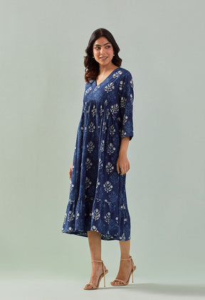 INDIGO HAND BLOCK PRINTED FLORAL DRESS - Tara - C - Tara