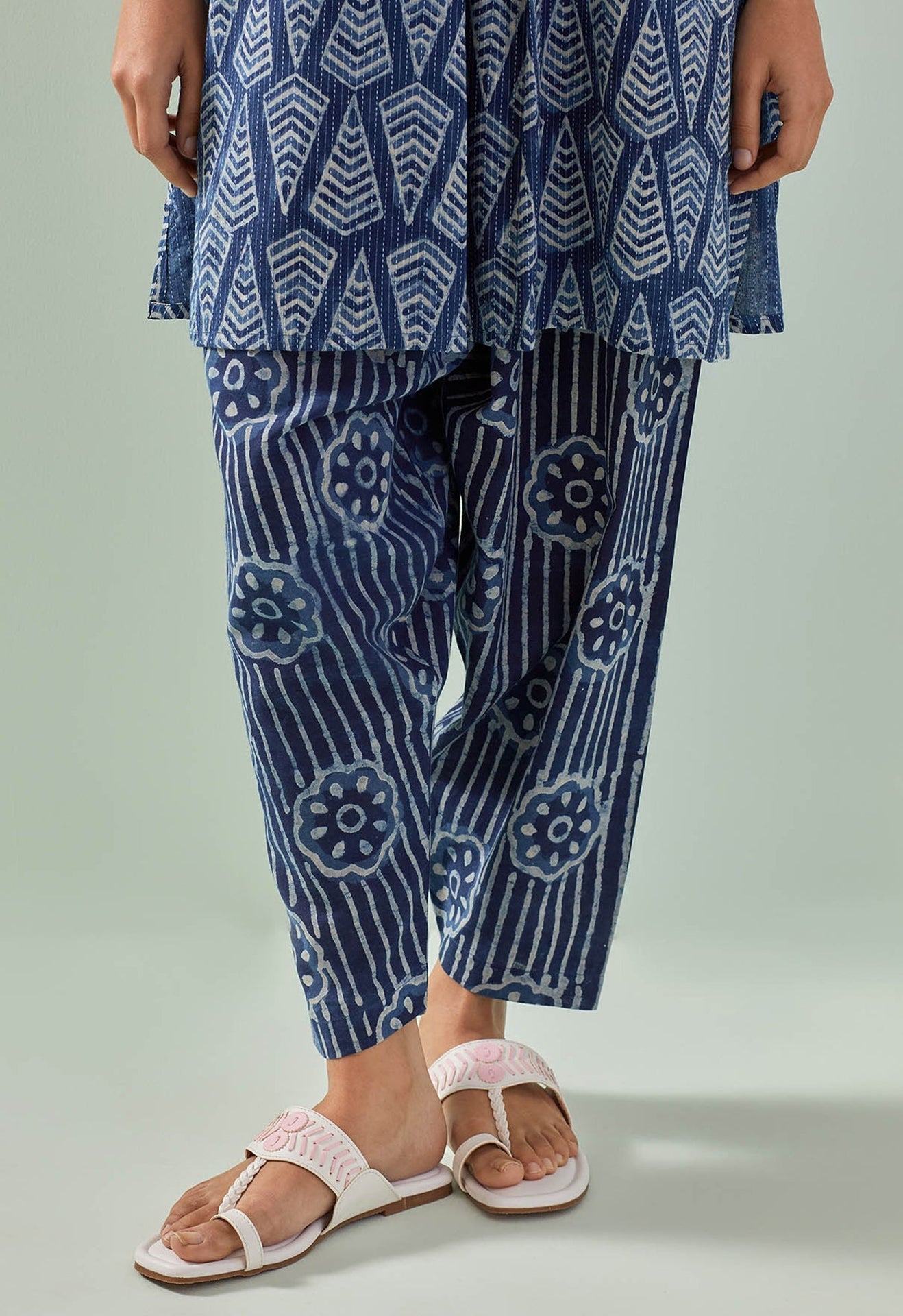 Indigo hand block printed kurta with bottoms - Tara - C - Tara