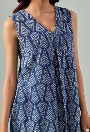 Indigo hand block printed kurta with bottoms - Tara - C - Tara
