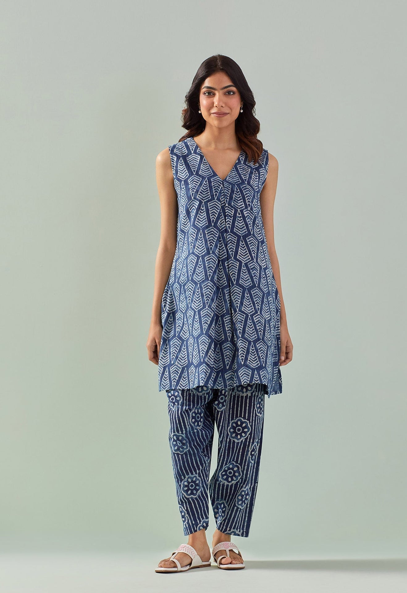 Indigo hand block printed kurta with bottoms - Tara - C - Tara