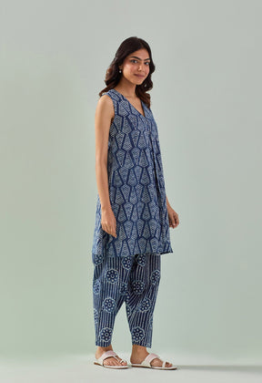 Indigo hand block printed kurta with bottoms - Tara - C - Tara