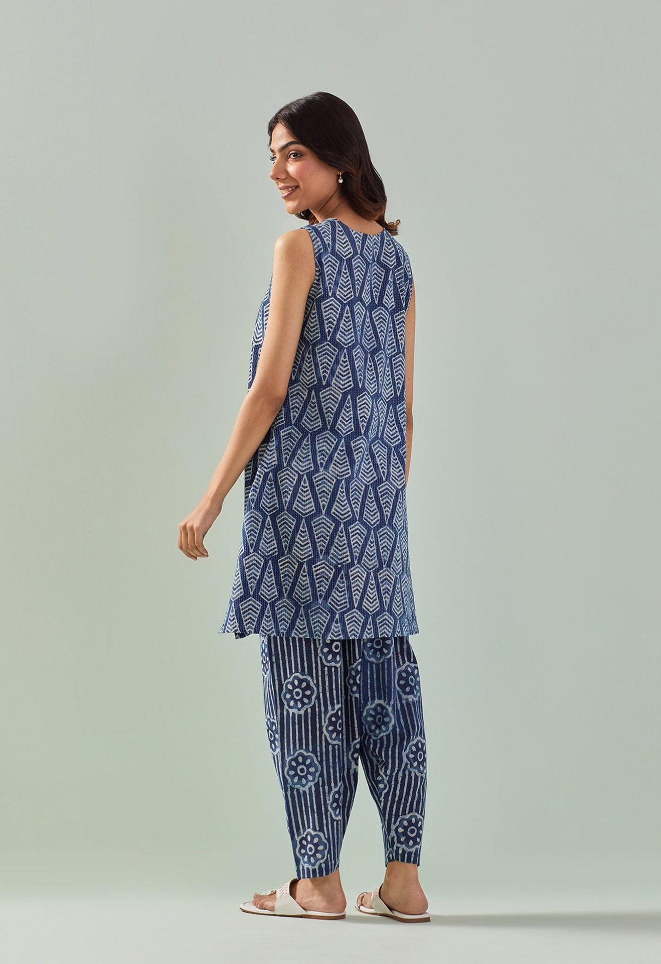 Indigo hand block printed kurta with bottoms - Tara - C - Tara